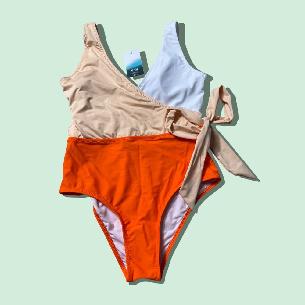 Woman's Aava White Orange Color Block Wrap One Piece Swimsuit NWT Size Small - Picture 1 of 6